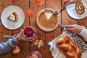 Thanksgiving feast featuring pie