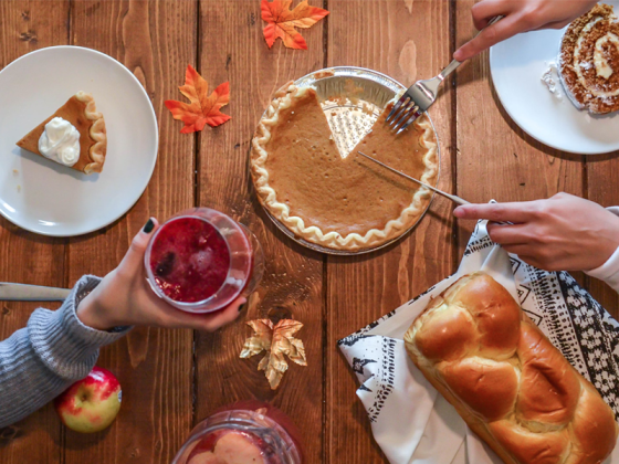 Thanksgiving feast featuring pie